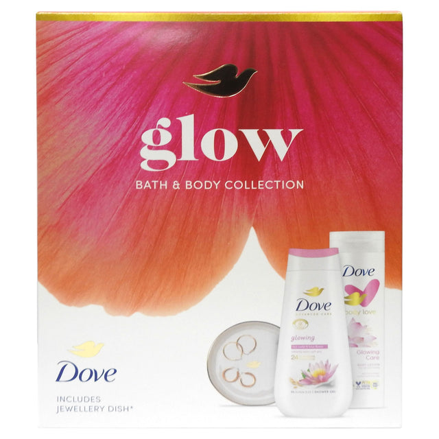Set cadou Dove cu gel de duș 225 ml, loțiune de corp 250 ml și Jewellery Dish Glow, vedere frontală ambalaj