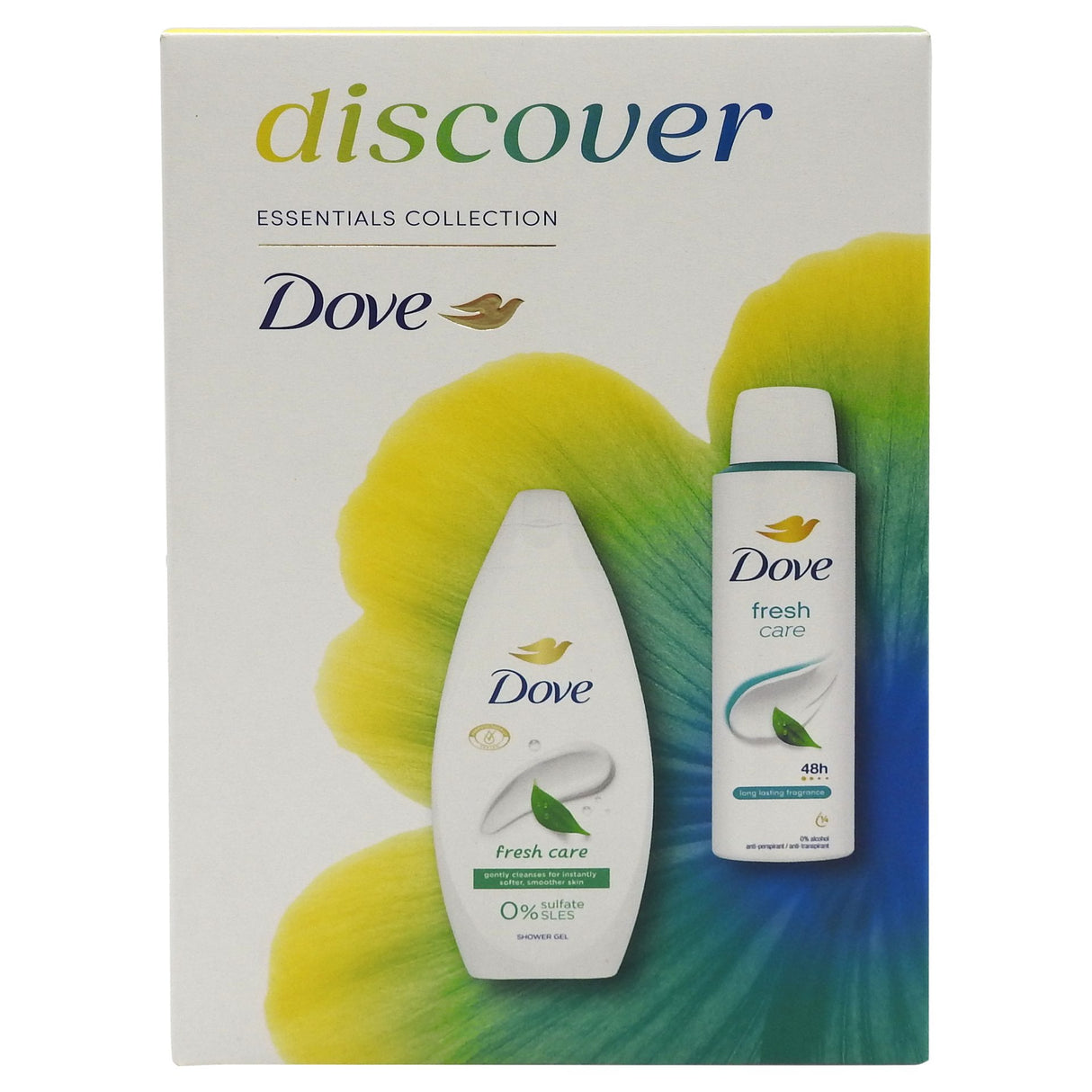 Set cadou Dove Discover Fresh Care cu gel de duș 250 ml și deodorant spray 150 ml, vedere frontală casetă cadou