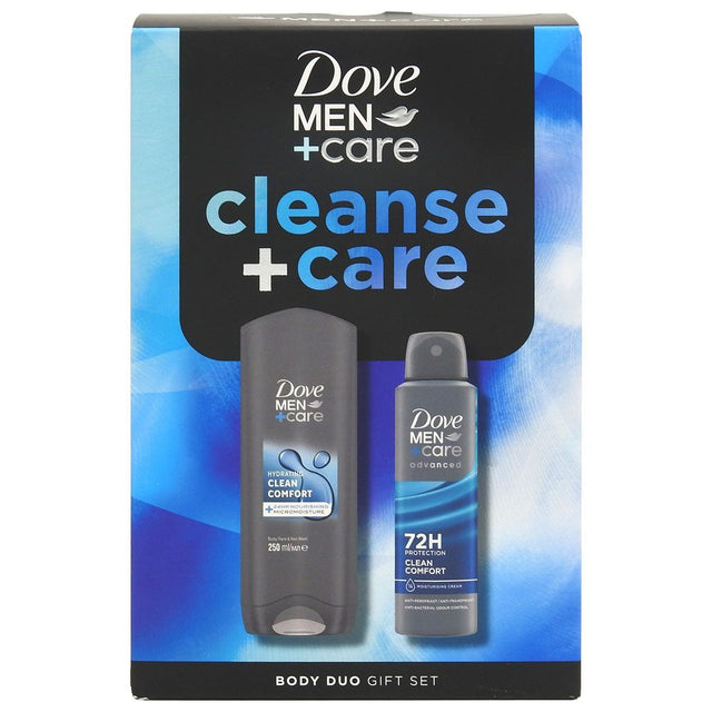 Casetă cadou Dove Men Care Clean Comfort cu gel de duș 250 ml și deodorant spray 150 ml, vedere frontală