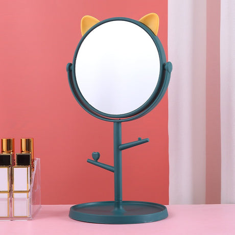 Oglina Cosmetica Cu Picior, Hd, Rotire 360 Grade, 15 Cm Diametru, Suport Bijuterii Baza Rotunda + 2 Brate, Model Cu Urechi, 31 X 14.5 X 15 Cm, Din Plastic, Albastru/Galben - vivimall.ro