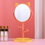 Oglina Cosmetica Cu Picior, Hd, Rotire 360 Grade, 15 Cm Diametru, Suport Bijuterii Baza Rotunda + 2 Brate, Model Cu Urechi, 31 X 14.5 X 15 Cm, Din Plastic, Portocaliu/Galben - vivimall.ro