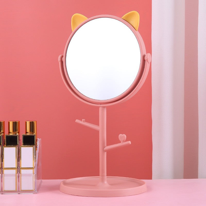 Oglina Cosmetica Cu Picior, Hd, Rotire 360 Grade, 15 Cm Diametru, Suport Bijuterii Baza Rotunda + 2 Brate, Model Cu Urechi, 31 X 14.5 X 15 Cm, Din Plastic, Roz/Galben - vivimall.ro