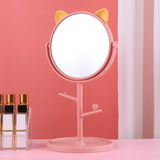 Oglina Cosmetica Cu Picior, Hd, Rotire 360 Grade, 15 Cm Diametru, Suport Bijuterii Baza Rotunda + 2 Brate, Model Cu Urechi, 31 X 14.5 X 15 Cm, Din Plastic, Roz/Galben - vivimall.ro