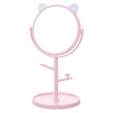 Oglina Cosmetica Cu Picior, Hd, Rotire 360 Grade, 15 Cm Diametru, Suport Bijuterii Baza Rotunda + 2 Brate, Model Cu Urechi, 31 X 14.5 X 15 Cm, Din Plastic, Roz/Alb - vivimall.ro