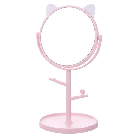 Oglina Cosmetica Cu Picior, Hd, Rotire 360 Grade, 15 Cm Diametru, Suport Bijuterii Baza Rotunda + 2 Brate, Model Cu Urechi, 31 X 14.5 X 15 Cm, Din Plastic, Roz/Alb - vivimall.ro