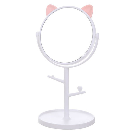 Oglina Cosmetica Cu Picior, Hd, Rotire 360 Grade, 15 Cm Diametru, Suport Bijuterii Baza Rotunda + 2 Brate, Model Cu Urechi, 31 X 14.5 X 15 Cm, Din Plastic, Alb - vivimall.ro