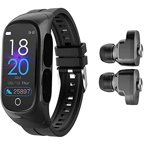 Ceas Smartwatch 2 in 1, cu Casti Bluetooth, N8 TWS, Plug in Lateral, Afisaj 1.47 inch, Rezolutie 172*320, Negru - vivimall.ro