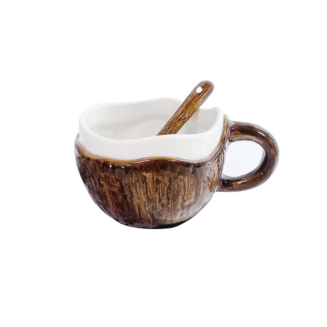 Cana Din Ceramica, 201-300 Ml, Cu Lingurita, Model Nuca De Cocos, Maro - vivimall.ro