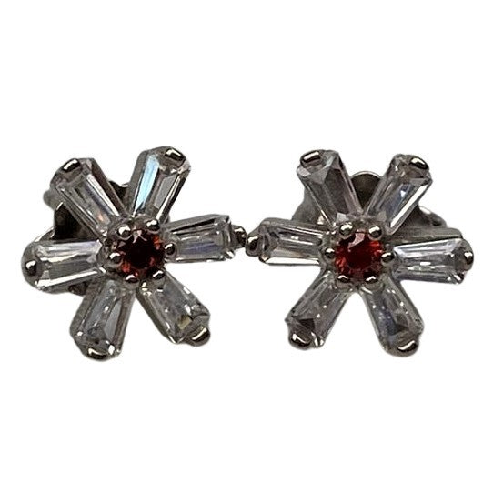 Cercei Argint 925, Floare Cu Zirconii Rosii