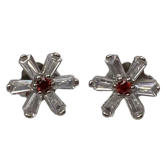 Cercei Argint 925, Floare Cu Zirconii Rosii