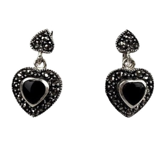 Cercei Argint 925 Inimi Cu Marcasite Si Piatra Neagra