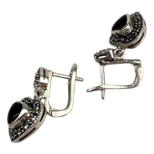 Cercei Argint 925 Inimi Cu Marcasite Si Piatra Neagra