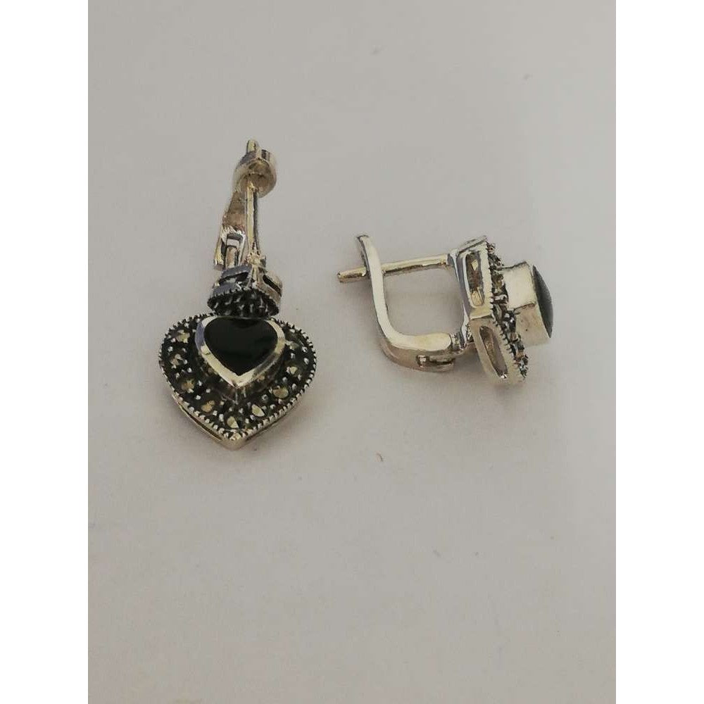 Cercei Argint 925 Inimi Cu Marcasite Si Piatra Neagra