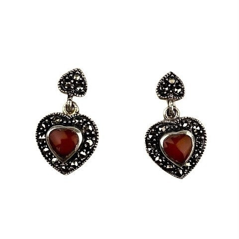 Cercei Argint 925 Inimi Cu Marcasite Si Piatra Rosie