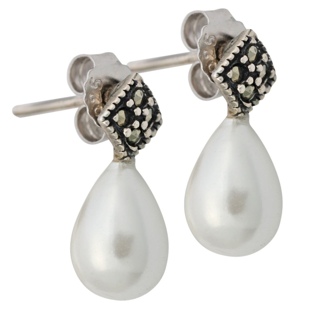 Cercei din Argint 925 cu Perla Ovala si Marcasite