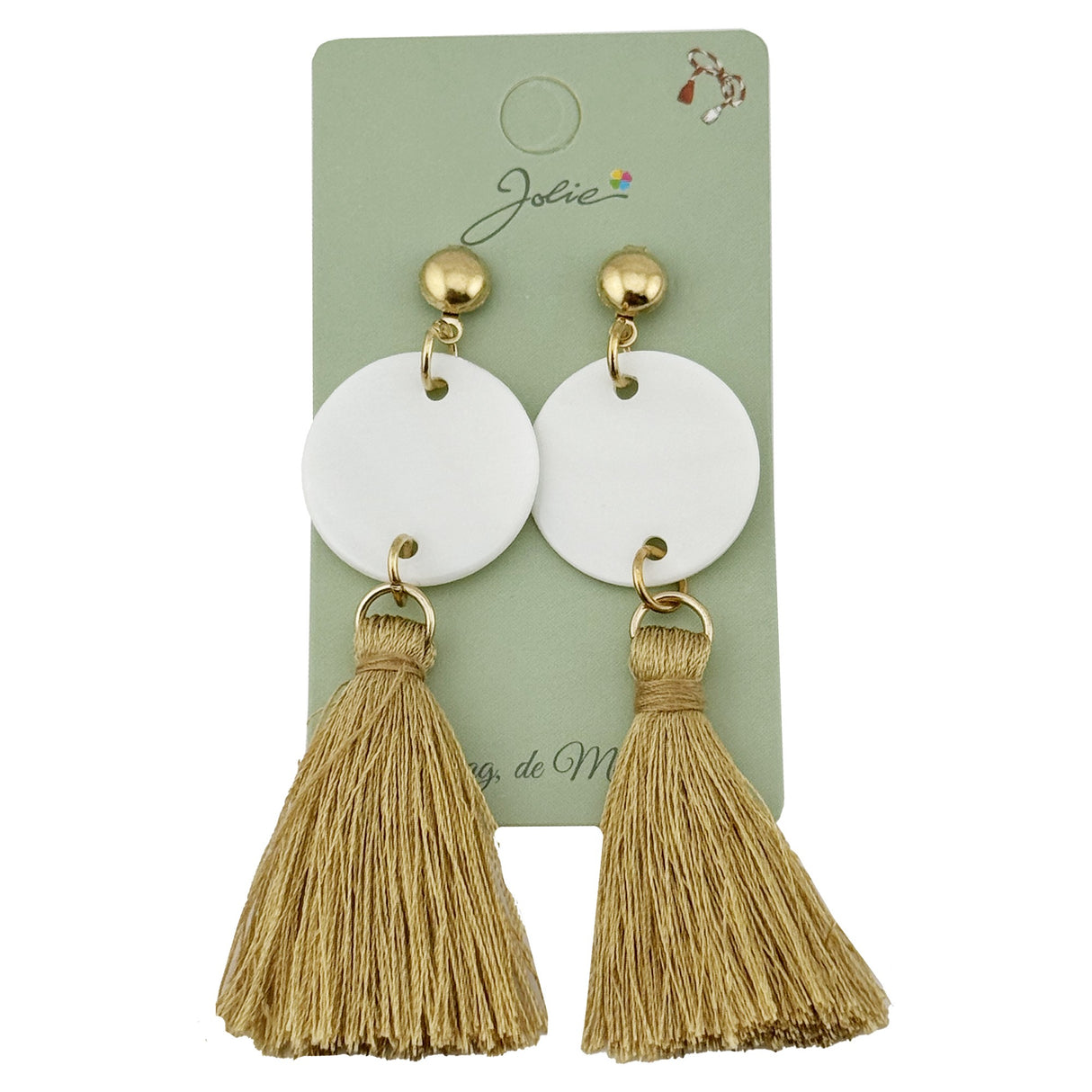Cercei Dama de Primavara, Jolie, Model cu Ciucuri Aurii si Disc Alb, Eleganti si Moderni, 7 x 2 cm per unitate, Alb/Auriu - vivimall.ro