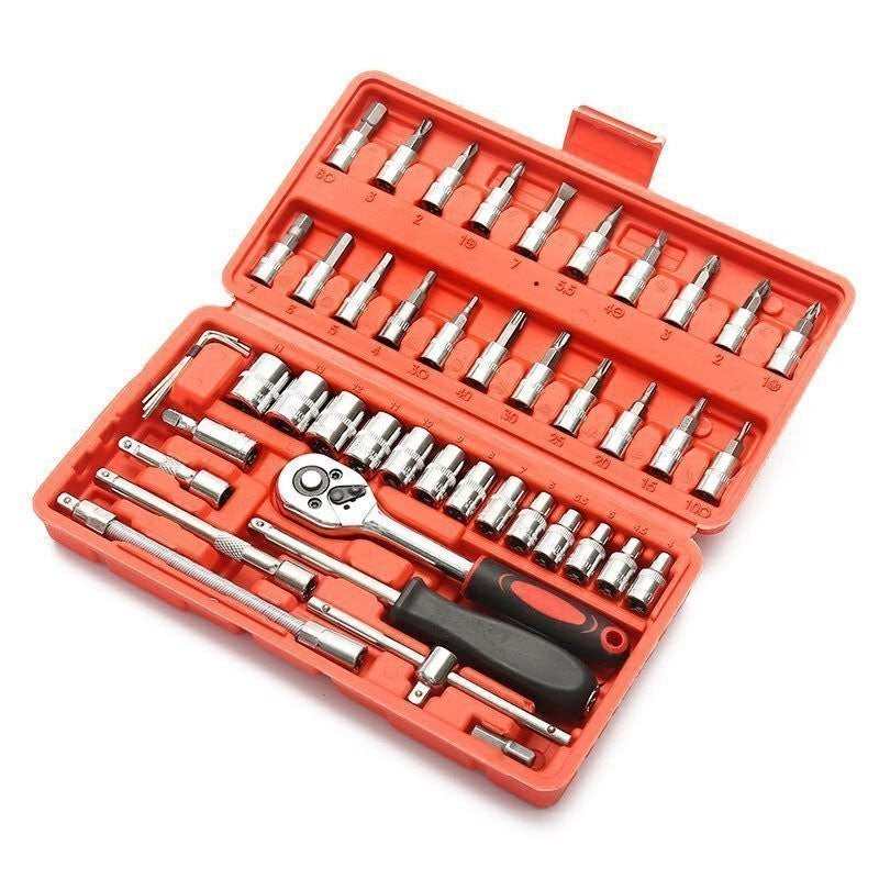 Chei Tubulare Set 46 De Piese, Trusa Scule De Reparatii Auto, Prelungitoare Rigid Si Flexibil, Articulatie Cardanica, Antrenor De Forta Glisant, Adaptoare, Maner Pentru Surubelnita, 1.9 Kg, Cutie Rosie - vivimall.ro