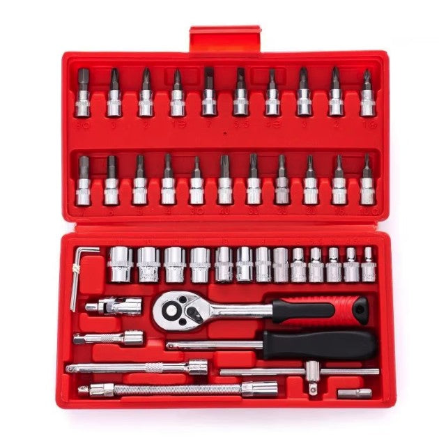 Chei Tubulare Set 46 De Piese, Trusa Scule De Reparatii Auto, Prelungitoare Rigid Si Flexibil, Articulatie Cardanica, Antrenor De Forta Glisant, Adaptoare, Maner Pentru Surubelnita, 1.9 Kg, Cutie Rosie - vivimall.ro