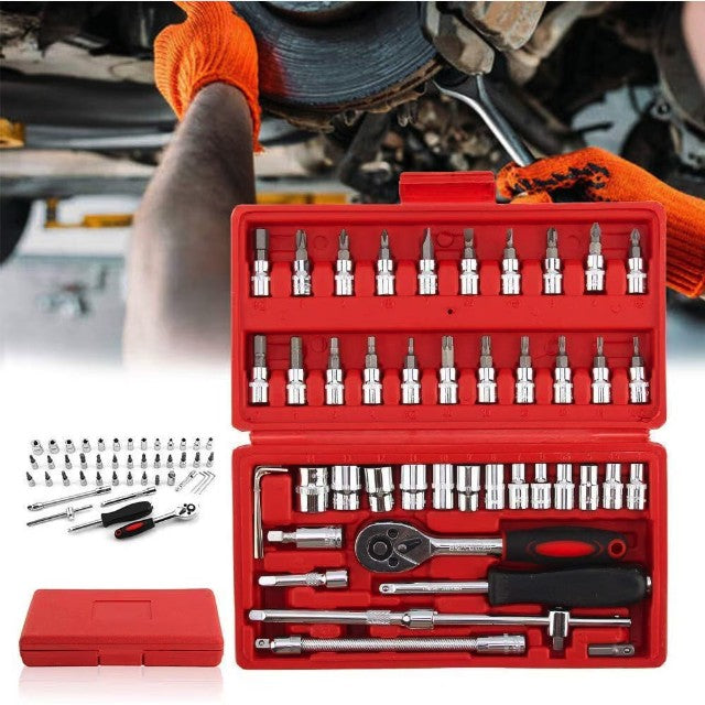 Chei Tubulare Set 46 De Piese, Trusa Scule De Reparatii Auto, Prelungitoare Rigid Si Flexibil, Articulatie Cardanica, Antrenor De Forta Glisant, Adaptoare, Maner Pentru Surubelnita, 1.9 Kg, Cutie Rosie - vivimall.ro