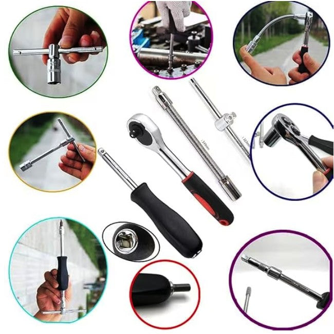Chei Tubulare Set 46 De Piese, Trusa Scule De Reparatii Auto, Prelungitoare Rigid Si Flexibil, Articulatie Cardanica, Antrenor De Forta Glisant, Adaptoare, Maner Pentru Surubelnita, 1.9 Kg, Cutie Rosie - vivimall.ro