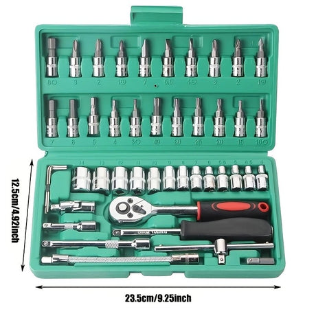 Chei tubulare Set 46 de Piese, Vivimall, Trusa Scule de Reparatii Auto, Prelungitoare Rigid si Flexibil, Articulatie Cardanica, Antrenor de Forta Glisant, Adaptoare, Maner pentru Surubelnita, 23 x 12 x 4 cm, 1.9 kg, Cutie Verde - vivimall.ro