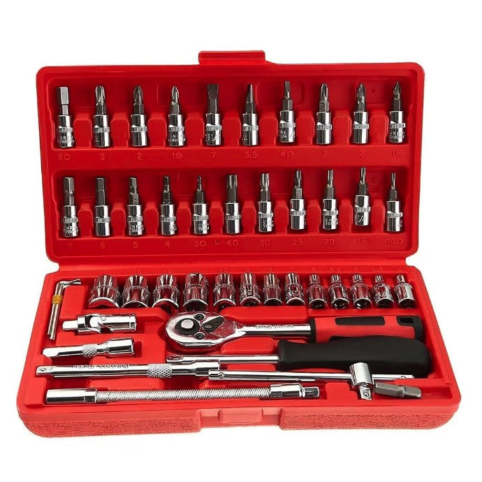 Chei Tubulare Set 46 De Piese, Trusa Scule De Reparatii Auto, Prelungitoare Rigid Si Flexibil, Articulatie Cardanica, Antrenor De Forta Glisant, Adaptoare, Maner Pentru Surubelnita, 1.9 Kg, Cutie Rosie - vivimall.ro