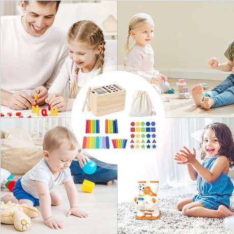 Jucarie Educativa Montessori Flippy din Lemn, Cutie Sortare Forme, Culori si Betisoare, Joc de Insirare, 56 piese, Dezvoltare Motricitate Fina, Copii 3+ ani, Multicolor - vivimall.ro