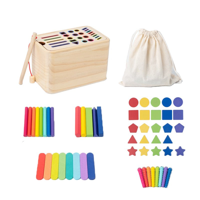 Jucărie educativă Montessori Flippy din lemn, set 56 piese colorate, vedere de ansamblu frontală