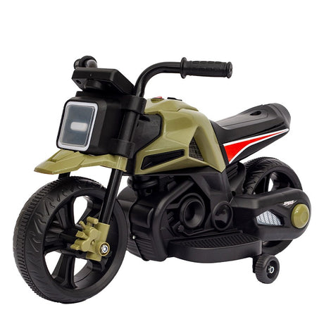 Motocicleta Electrica cu 2 Roti Mari si 2 Roti Ajutatoare, Vivimall, Acumulator Incarcare, Anti-Rasturnare, Lumini, Muzica, Motor:380, Baterie 6V4.5, 41.5x70x34 cm, 4.5 Kg, 3 Ani+, Verde Negru - vivimall.ro