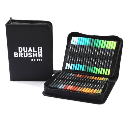 Set Carioci Pe Baza De Apa, 2 In 1, Pentru Pictura, Caligrafie, 120 Culori, Penar Negru, Corp Carioca Negru