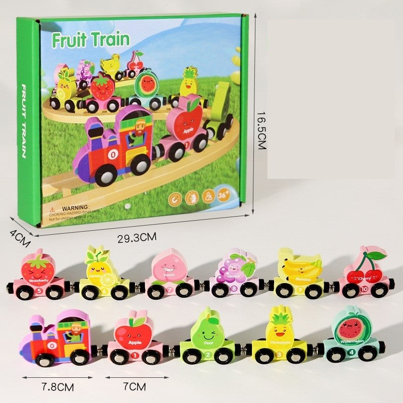 Trenulet Magnetic, Flippy, din Lemn, Model 10 Fructe, +3 Ani, Jucarie de Asamblat, Multicolor - vivimall.ro