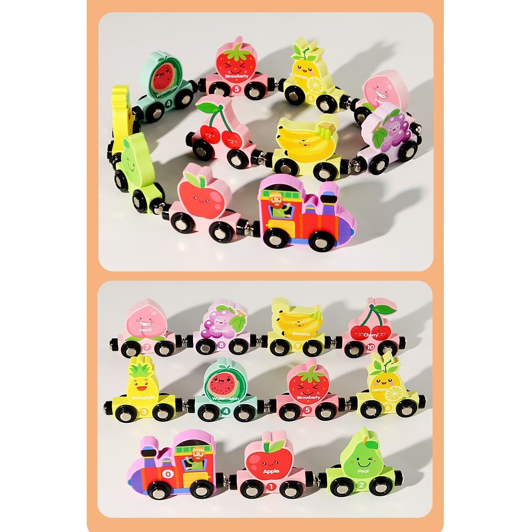 Trenulet Magnetic, Flippy, din Lemn, Model 10 Fructe, +3 Ani, Jucarie de Asamblat, Multicolor - vivimall.ro
