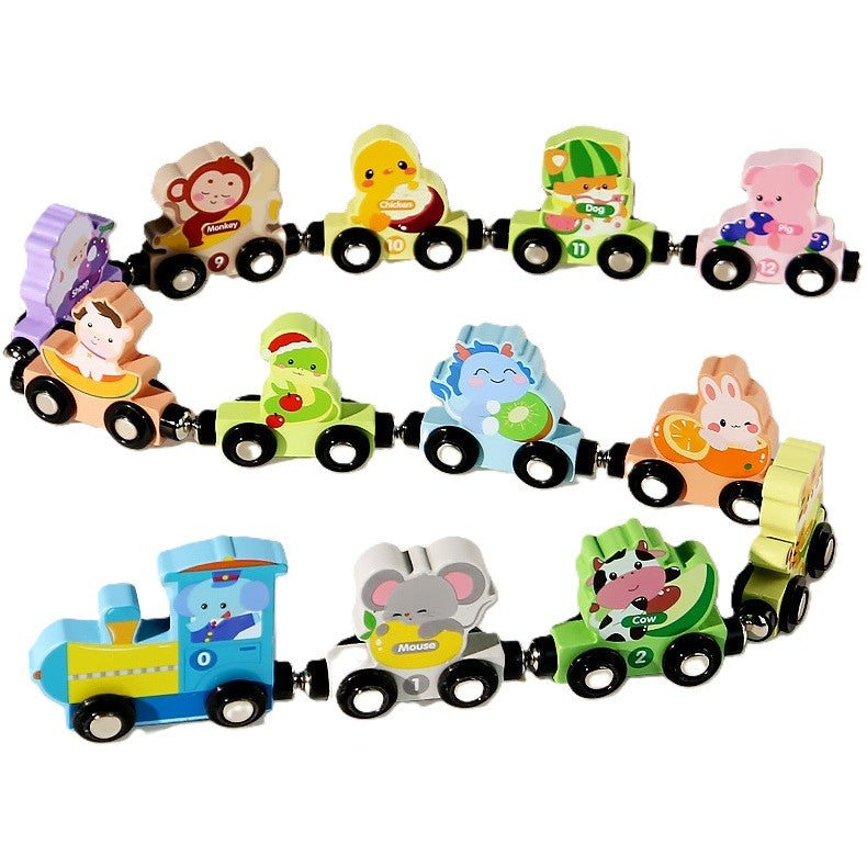 Trenulețul magnetic Flippy din lemn, model Zoo cu 12 animale colorate, vedere de ansamblu, lungime 92 cm