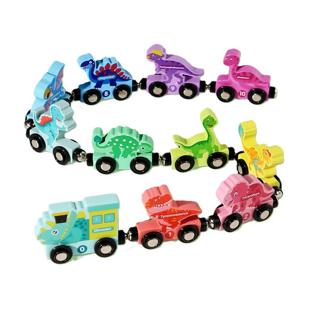 Trenulet Magnetic, Flippy, din Lemn, Model Dinozauri, 10 Animale, +3 Ani, Jucarie de Asamblat, Multicolor - vivimall.ro