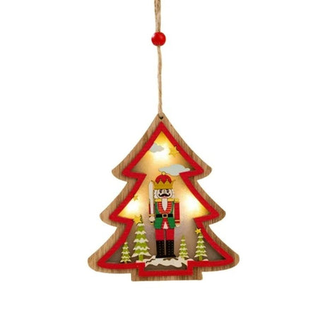 Ornament de brad din lemn cu LED, model Spărgătorul de Nuci multicolor, vedere frontală, 11x11 cm