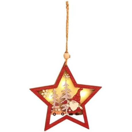 Ornament din lemn pentru brad cu LED aprins, figurină Elf model stea multicolor, vedere frontală
