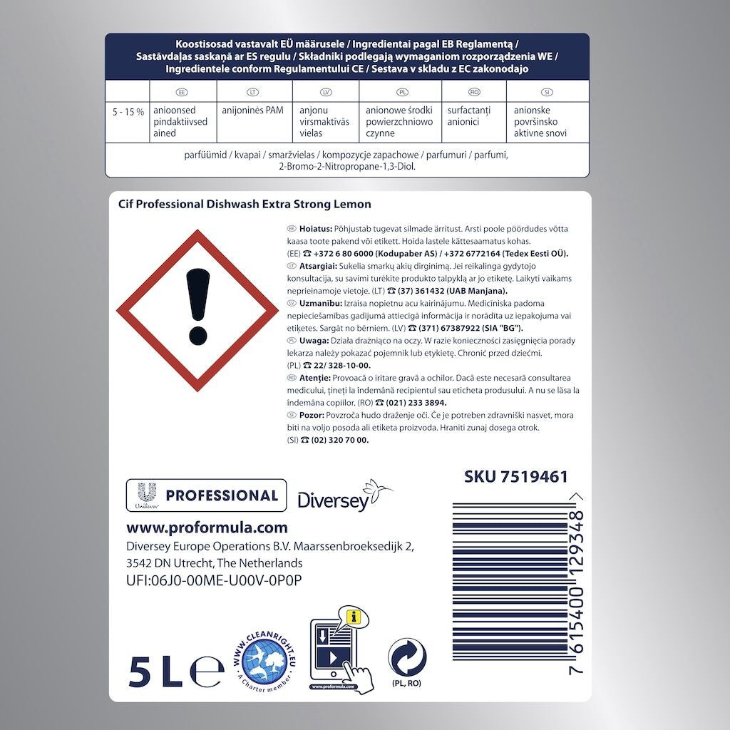 Pachet CIF Professional Dishwasher Extra Strong Lemon – Detergent pentru Spalarea Manuala a Vaselor, cu Lamaie, 2×5 L - vivimall.ro