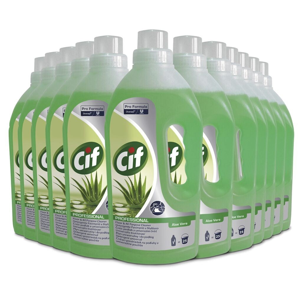 Pachet detergent pardoseli CIF Professional Aloe Vera 12x1L, vedere frontală cu toate sticlele