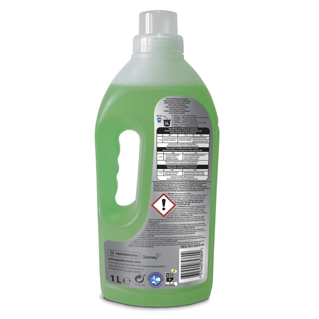 Pachet CIF Professional 12 sticle x 1L detergent pardoseli, aranjate pe raft, vedere laterală