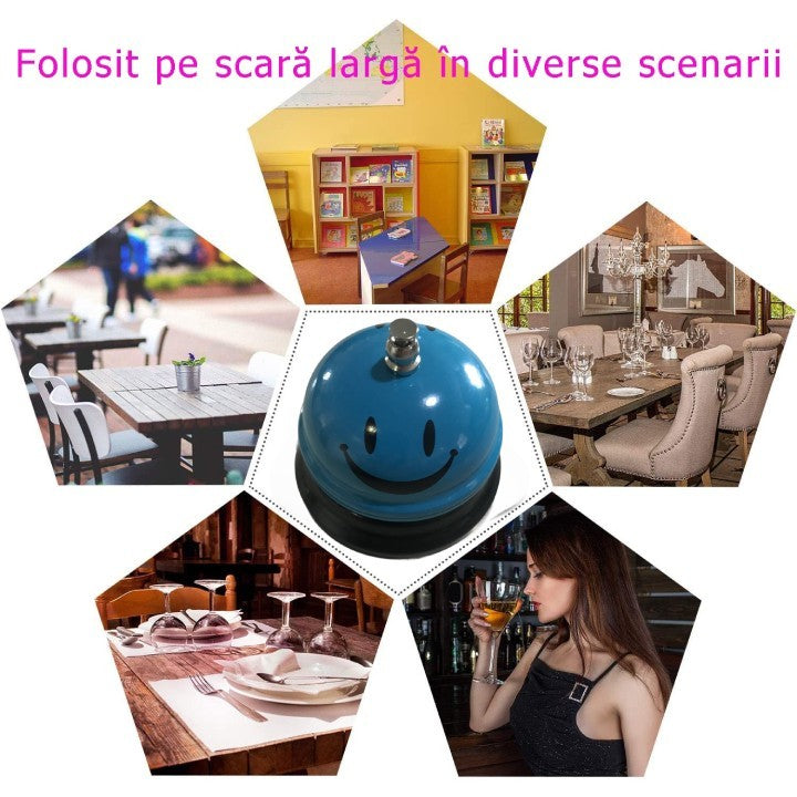 Clopotel Metalic Multifunctional, Flippy, Albastru Deschis cu Imprimeu Smiley Face, 7.5x7.5x6.5 cm, Receptie, Restaurant