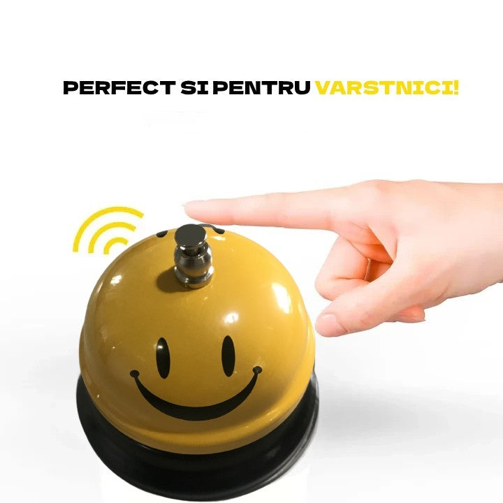 Clopotel Metalic Multifunctional, Vivimall, Galben cu Imprimeu Smiley Face, 7.5x7.5x6.5 cm, Receptie, Restaurant, Cafenele