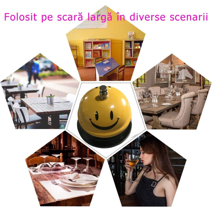 Clopotel Metalic Multifunctional, Vivimall, Galben cu Imprimeu Smiley Face, 7.5x7.5x6.5 cm, Receptie, Restaurant, Cafenele