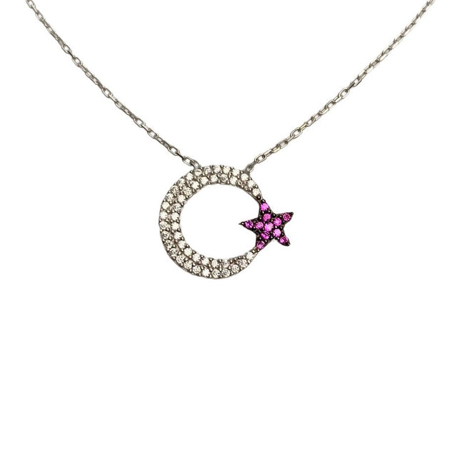 Colier din Argint 925, Semiluna Mare cu Zirconii Alb-Roz 42 cm - vivimall.ro