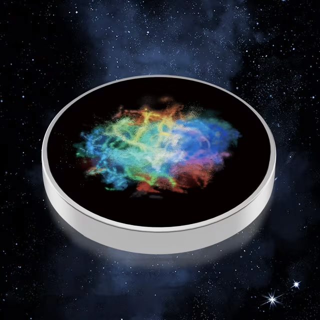 Spinner anti-stres Flippy metalic argintiu cu efect optic galaxie, vedere de sus, model Nebula
