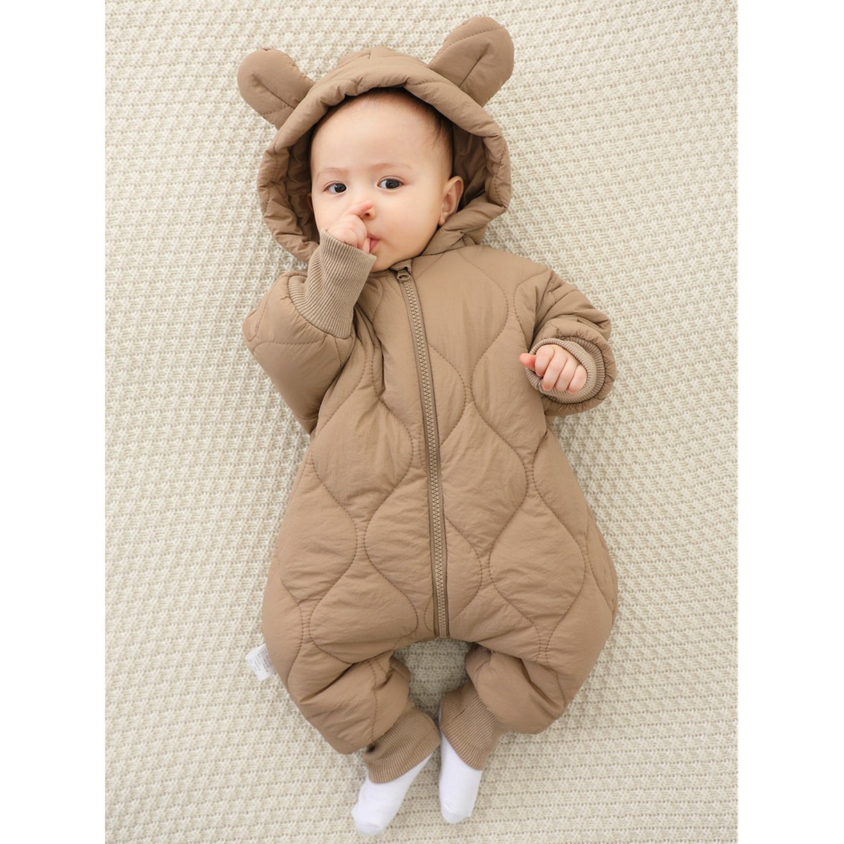 Combinezon de Iarna, Vivimall, pentru Bebelusi, din Bumbac, cu Urechi, Mansete Elastice, Unisex, 73 cm, Maro