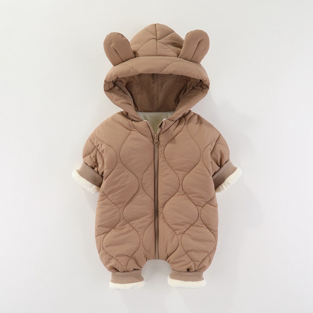 Combinezon de Iarna, Vivimall, pentru Bebelusi, din Bumbac, cu Urechi, Mansete Elastice, Unisex, 73 cm, Maro
