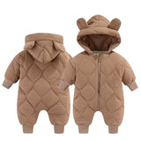 Combinezon de Iarna, Vivimall, pentru Bebelusi, din Bumbac, cu Urechi, Mansete Elastice, Unisex, 73 cm, Maro