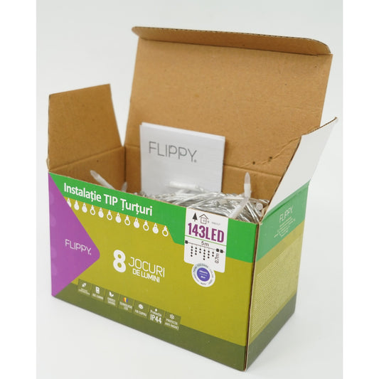 Sectiune Instalatie de Craciun, Flippy®, Tip Turturi, Fara Alimentator, 5m, 143 LED-uri, 8 Jocuri de Lumini, Fir Transparent, Lumina Albastra, IP44, Interconectabila - vivimall.ro
