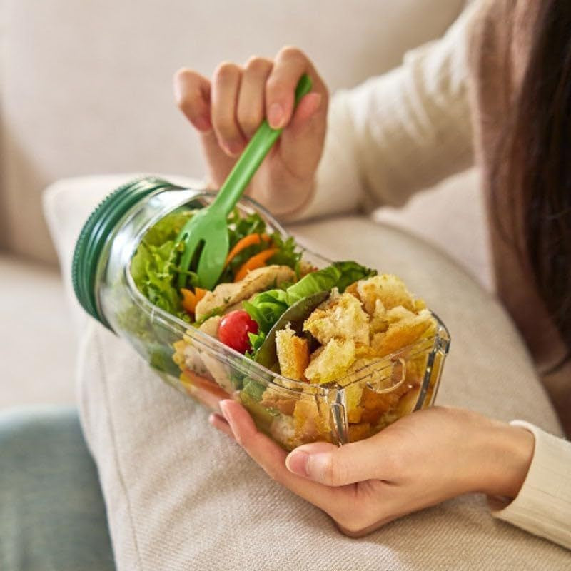 Container Caserola pentru Salata, Vivimall, Borcan pentru Salata din Sticla, Gradat in ml, 1L, 19 x 10 x 10 cm, Capac Verde, Transparenta - vivimall.ro