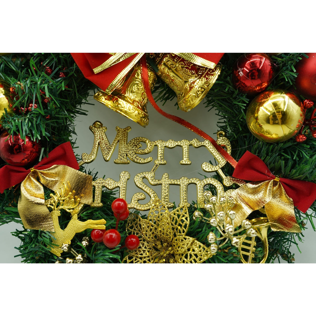 Coronita de Craciun pentru usa, Rosu/Auriu/Verde, 40 cm, PVC, Artificiala, Decorata, Interior/Exterior, Vivimall - vivimall.ro